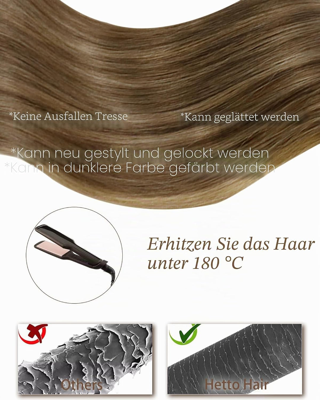 Hetto Balayage Echthaar Tressen Extensions Mittel Braun zu Hellbraun und Dunkelste BlondineTressen E