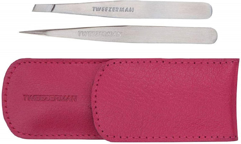 TWEEZERMAN Pinzetten Set mit Leder-Etui aus Rostfreiem Edelstahl, Schräge und Spitze Ausfürhung, Pin