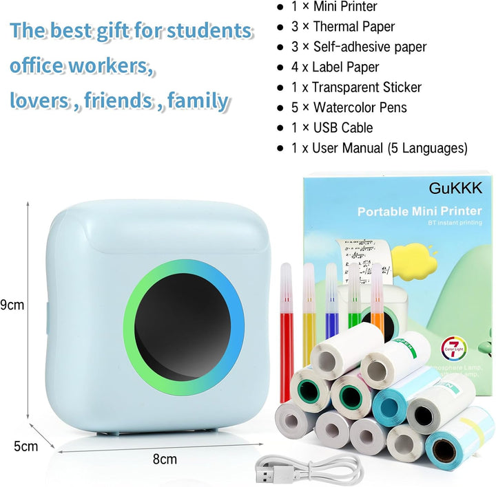 GuKKK Mini Drucker, Mobiler Fotodrucker, Tragbarer Mini Fotodrucker, Wireless Thermodrucker mit 11 R