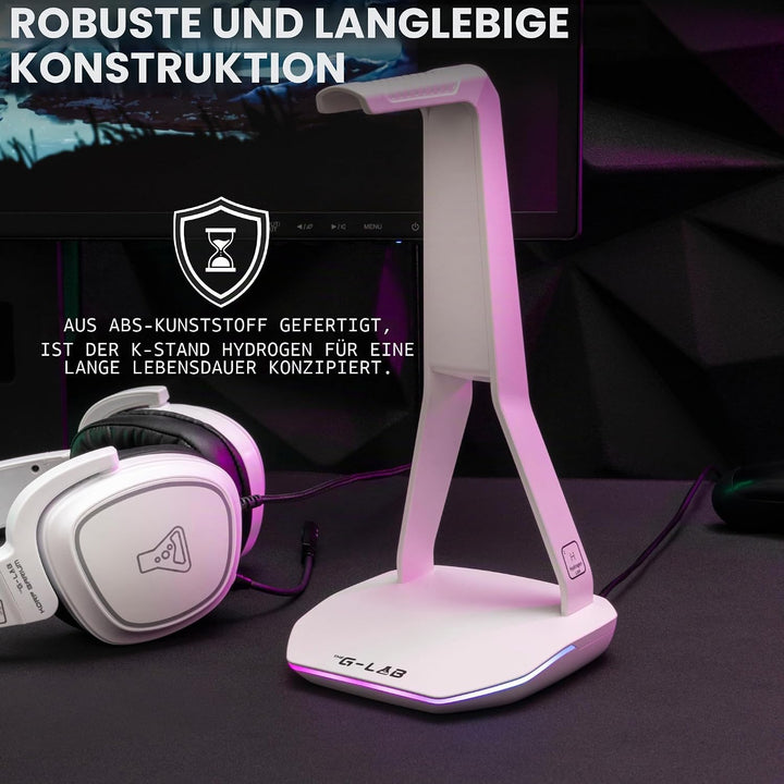 The G-lab – K-Stand Hydrogen – Gaming Kopfhörer Ständer – RGB mit 7 Farben, EIN/Aus-Schalter, 2X USB