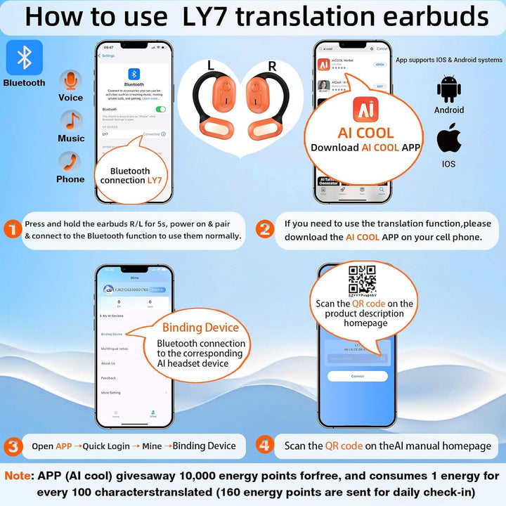 übersetzungskopfhörer in echtzeit LY7, übersetzer kopfhörer 144+ sprachen talkbuds für iOS & Android