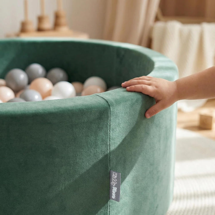 KiddyMoon Velours Bällebad Rund für Babys 90x30 mit 200 Bälle 7cm Ballgruben Sensorik Spielzeug Wald