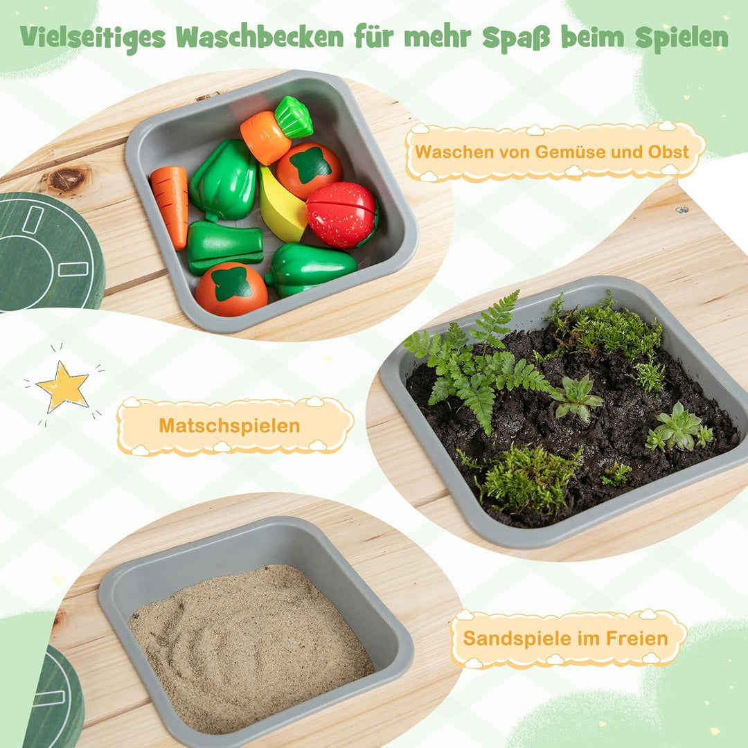 COSTWAY Matschküche Kinder Outdoor, Kinderküche Holz mit Herd, Spüle & Tafel, Spielküche mit Pflanzk