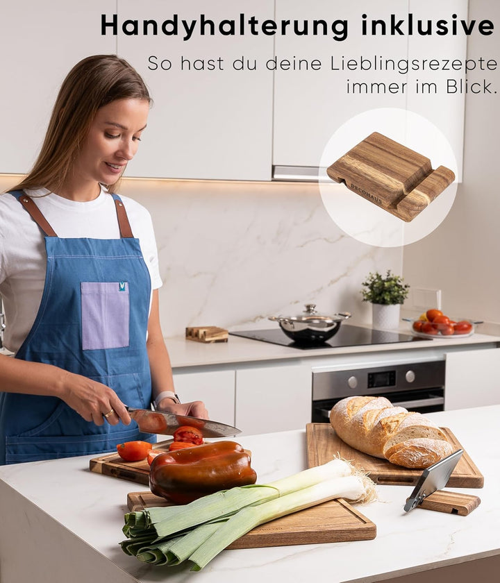 Deco haus Schneidebrett Holz 3er Set aus Robustem Akazie [2cm DICKE] - Schneidebretter mit Saftrille