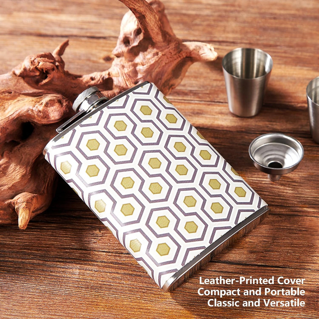 Luxuriöses 237 ml Edelstahl-Flachmann-Geschenkset mit 2 Schnapsgläsern und Trichter, lederbedruckter