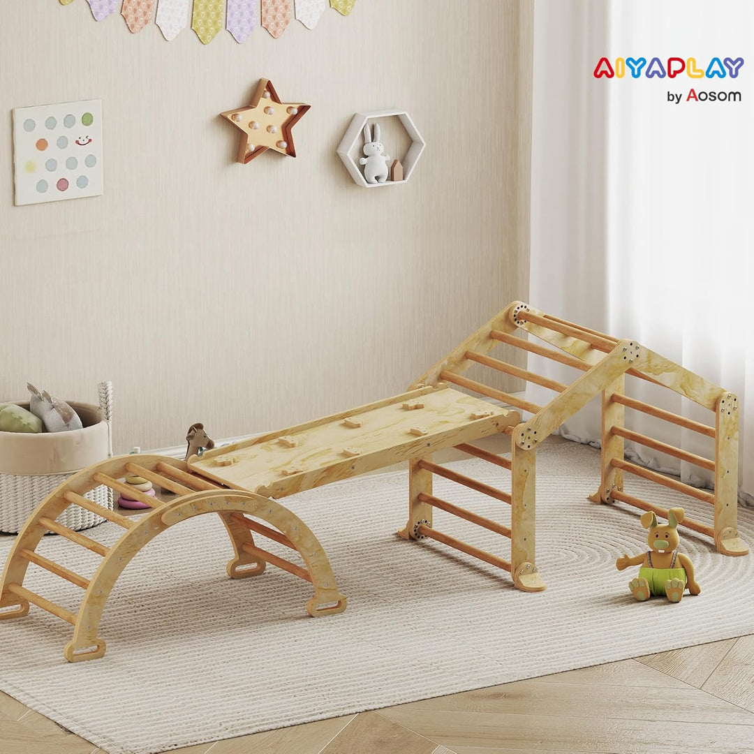 AIYAPLAY 9-in-1 Montessori Klettergerüst Indoor Holz Kletterdreieck mit Rutsche, Kletterbogen, Rampe