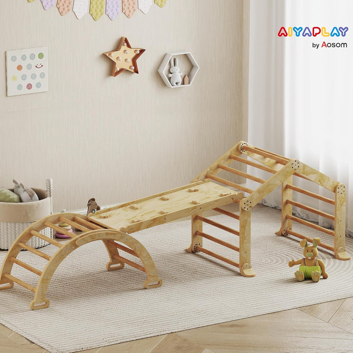 AIYAPLAY 9-in-1 Montessori Klettergerüst Indoor Holz Kletterdreieck mit Rutsche, Kletterbogen, Rampe