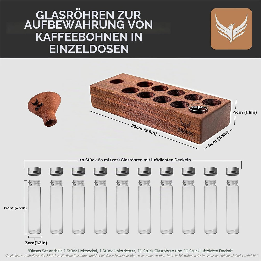 KNODOS Aufbewahrungsröhrchen für Kaffeebohnen, 10 Stück, versiegeltes Glas, Reagenzgläser mit Deckel