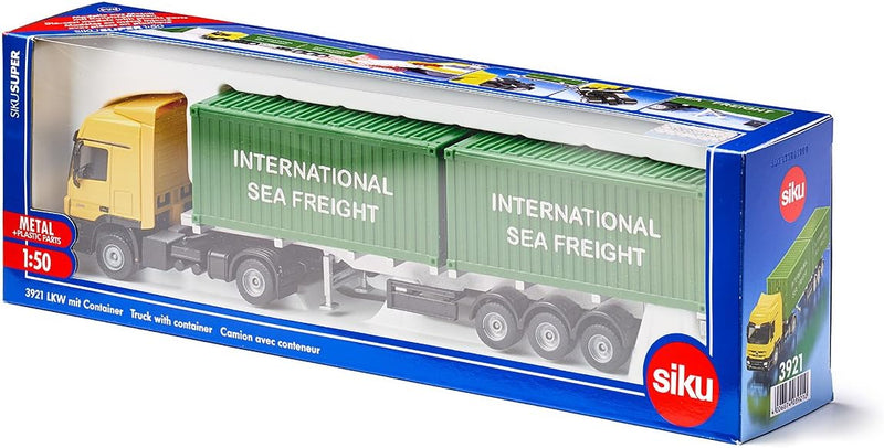 siku 3921, LKW mit Container, 1:50, Metall/Kunststoff, Gelb/Grün, Inkl. 2 Container, Variierbare Anh