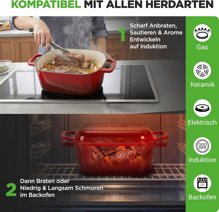 NutriChef Gusseisen Topf - Brotbacktopf - mit Deckel - 25,4 cm ovaler Brottopf mit Silikonhandschuhe