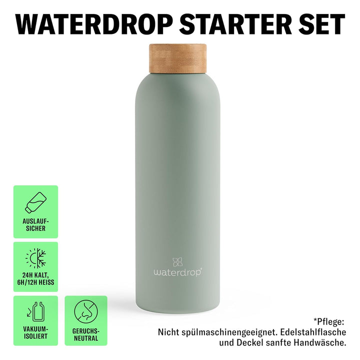 waterdrop® Starter Set - 600ml Trinkflasche mit Geschmack inkl. 18 zuckerfreie Drops - Geschenk für