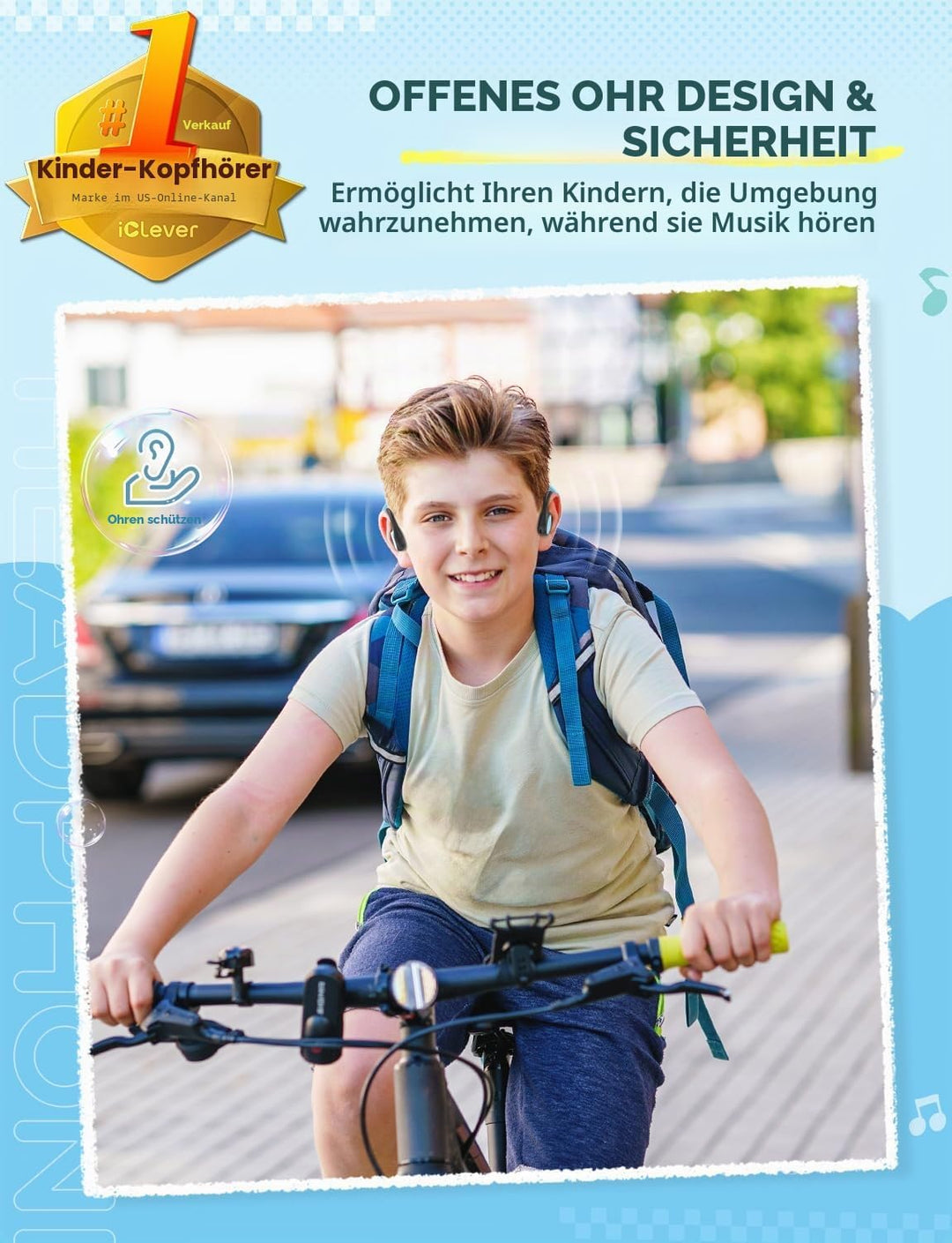 iClever Kinder-Kopfhörer, Knochenleitung, offenes Ohr, Sicherheit, IPX5 wasserdicht, 360° Biegung, l
