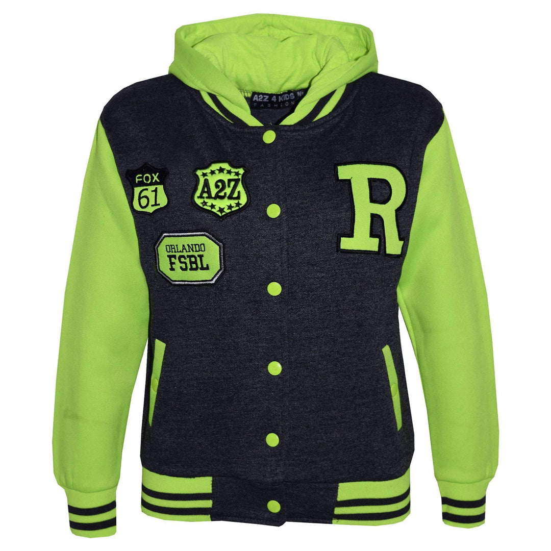 A2Z 4 Kids Kinder Mädchen Jungen Dunkelgrau & Neon Grün Designer R Fashion Baseball Mit Kapuzen Top