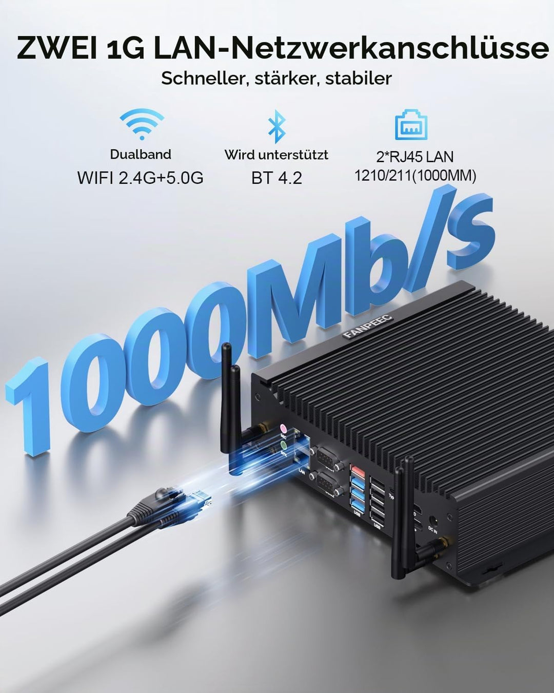 FANPEEC Industrial Mini PC Lüfterlos Core i5-10210U, Fanless PC 32GB DDR4 RAM 1TB SSD, Lüfterlose In