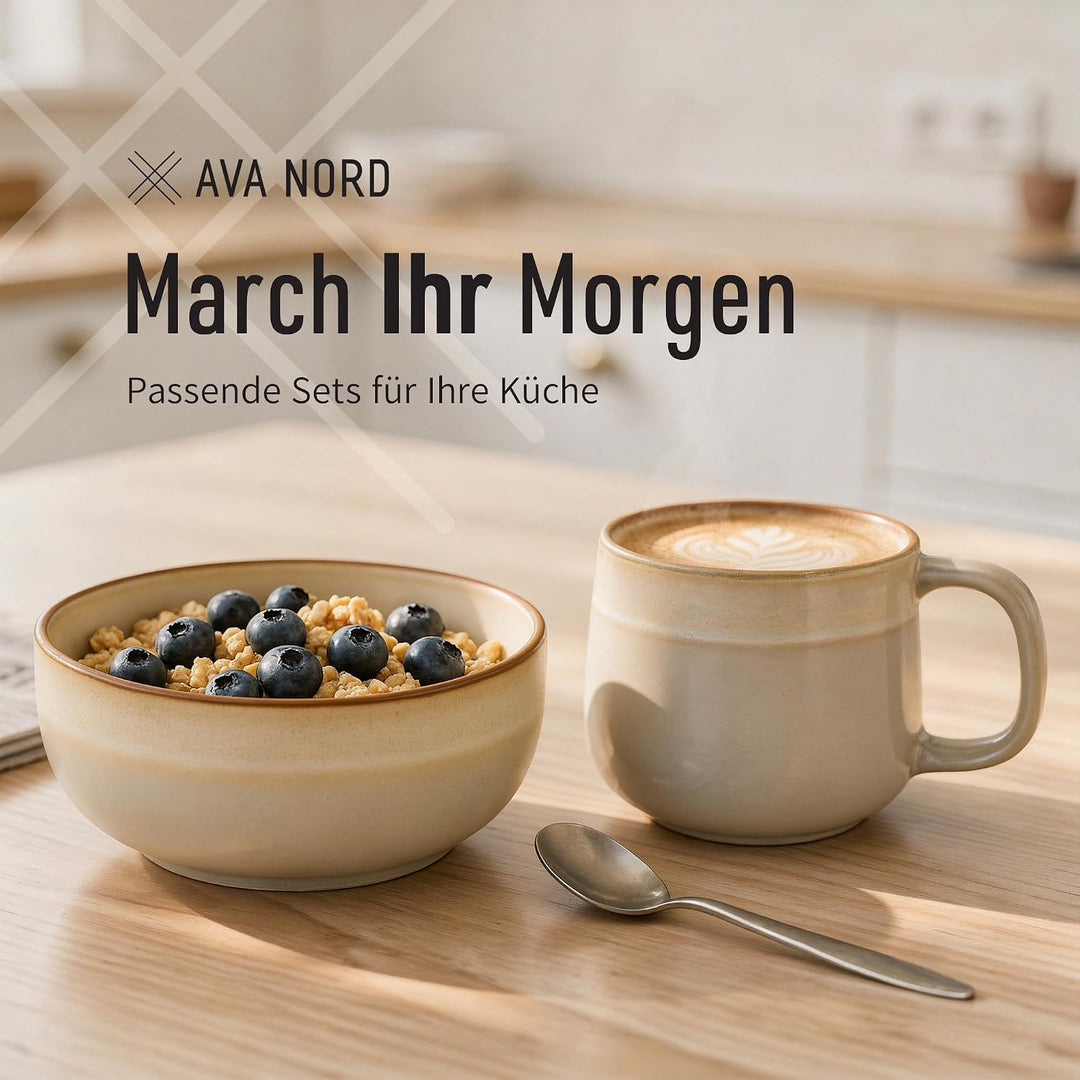 Ava Nord Steinzeug Keramik Müslischalen | 4er Set | 600ml | Salbeigrau | Bleifrei, Cadmiumfrei, Mikr