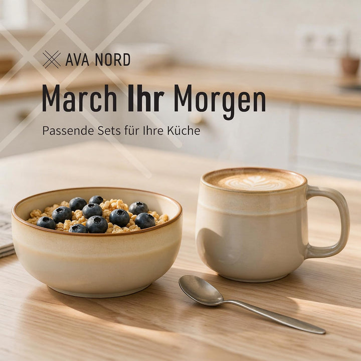 Ava Nord Steinzeug Keramik Müslischalen | 4er Set | 600ml | Salbeigrau | Bleifrei, Cadmiumfrei, Mikr