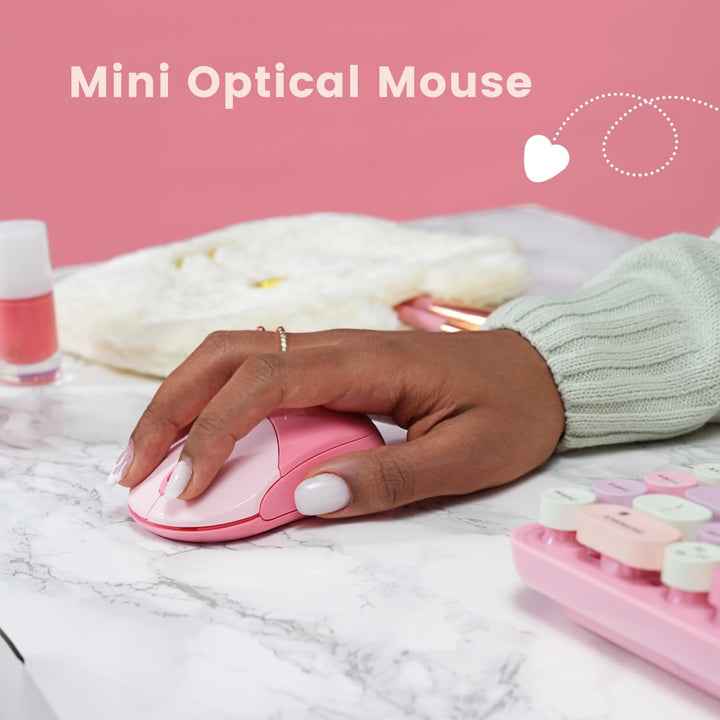 Perixx PERIDUO-802PK Bluetooth Mini Keyboard and Mouse Combo - Retro Round Key Caps - Pastel Pink -