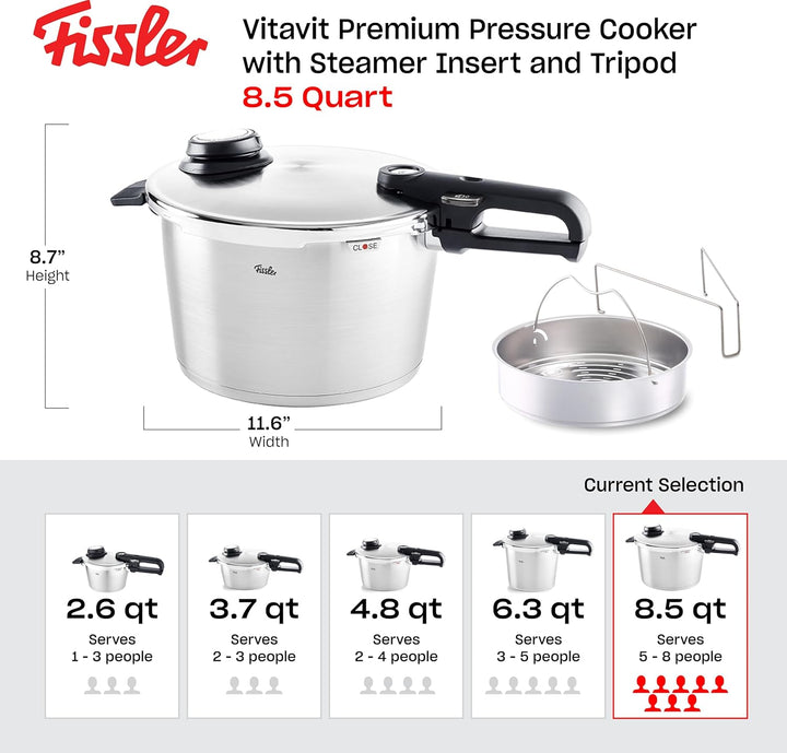 Fissler Vitavit Premium / Schnellkochtopf (8 L, Ø 26 cm) Edelstahl-Dampfkochtopf,4-Garstufen, inkl.