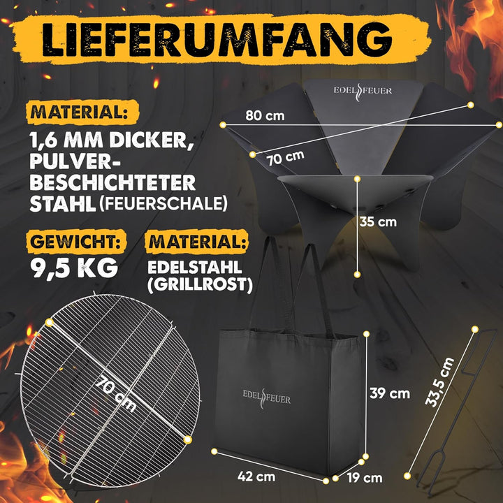 EDELFEUER Feuerschale Faltbar + GRATIS Grillrost - Leichter Aufbau - Ø 80cm [Ultra Stabil] Feuerkorb