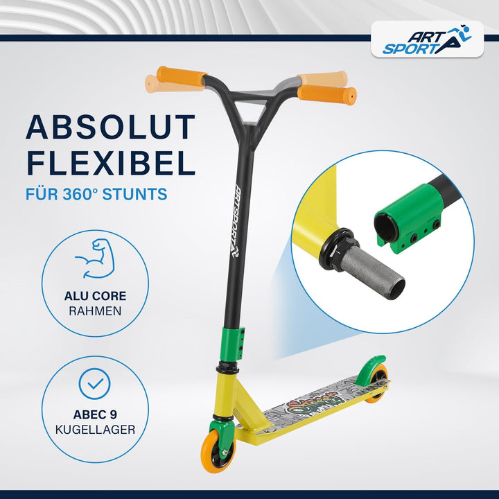 ArtSport Stunt Scooter mit 360° Lenkung, ABEC 9 Kugellager, 100 mm PU Räder & Griptape, Funscooter f