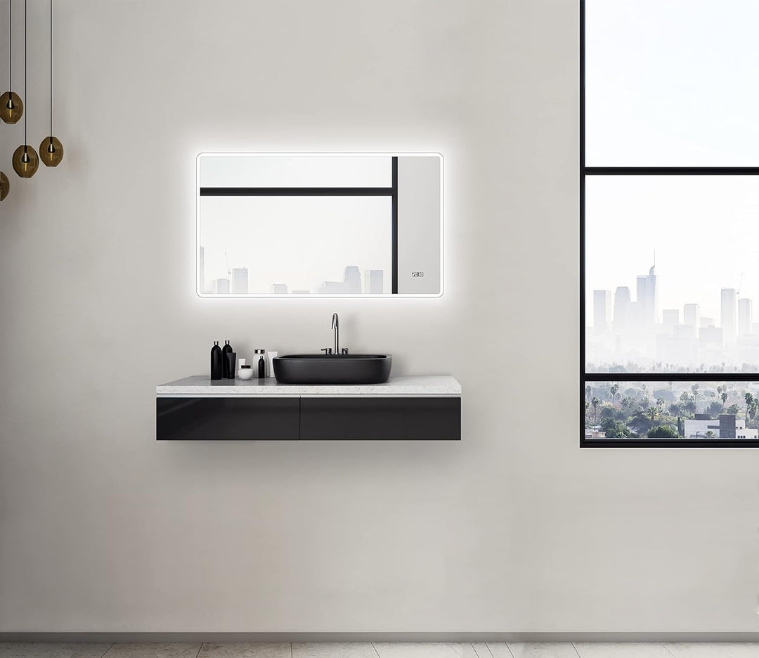Talos LED Badspiegel, Sun 120 x 70 cm - Lichtumrahmung -Lichtfarbe 4200K - Digitaluhr - Modernes