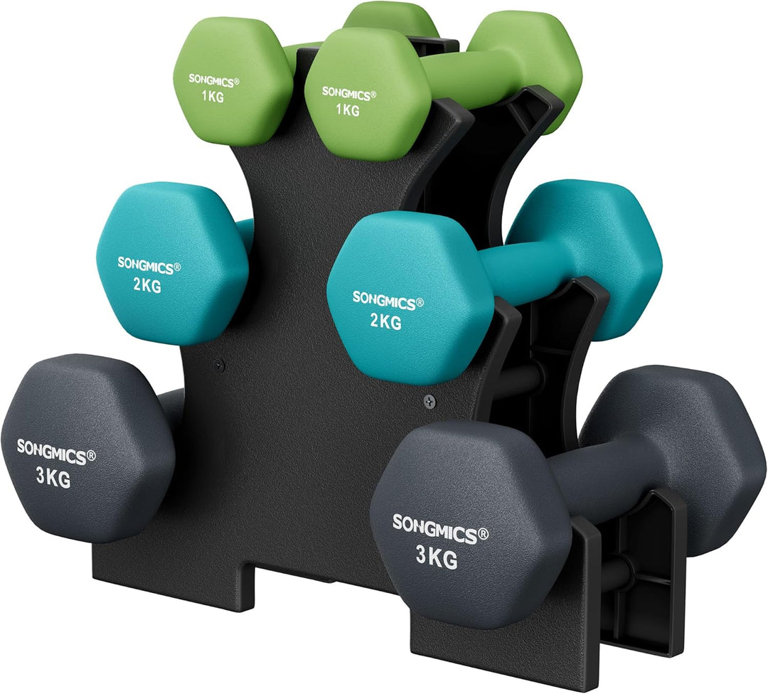 SONGMICS Kurzhantel Set, Hexagon, mit Hantelständer, 2 x 1 kg, 2 x 2 kg, 2 x 3 kg, mattes Finish, Ne