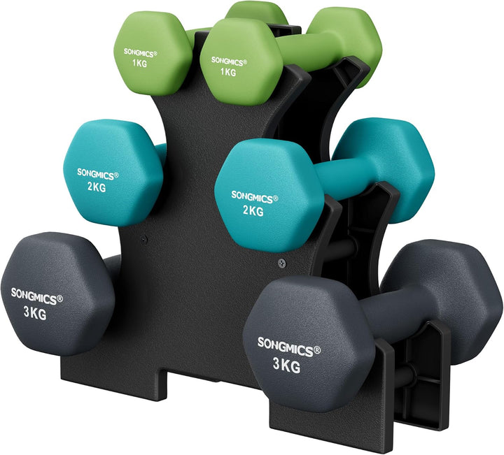 SONGMICS Kurzhantel Set, Hexagon, mit Hantelständer, 2 x 1 kg, 2 x 2 kg, 2 x 3 kg, mattes Finish, Ne