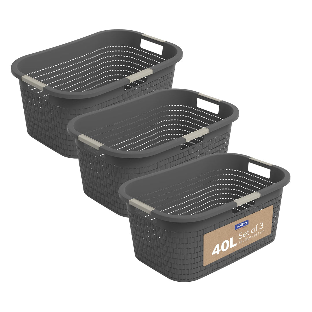 Rotho Country 3er-Set Wäschekorb 40l, Kunststoff (PP) BPA-frei, anthrazit, 40l (58.0 x 38.9 x 25.1 c