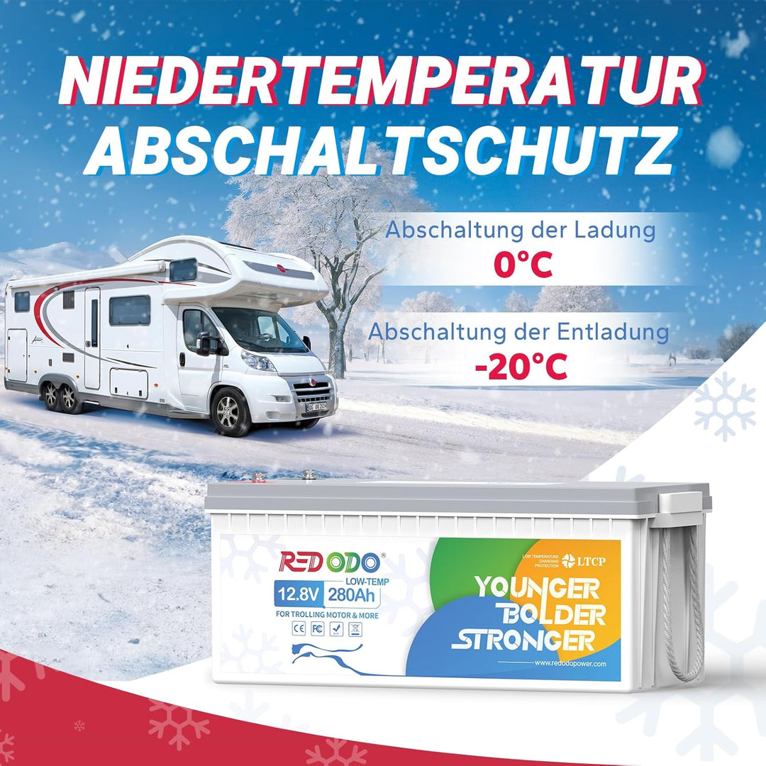 Redodo 12V 280Ah Low-Temp Schutz LiFePO4 Batterie, Eingebautes 200A BMS, Max. 3584Wh Energie, Perfek