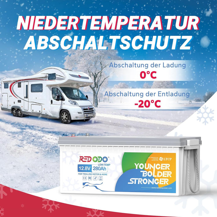 Redodo 12V 280Ah Low-Temp Schutz LiFePO4 Batterie, Eingebautes 200A BMS, Max. 3584Wh Energie, Perfek