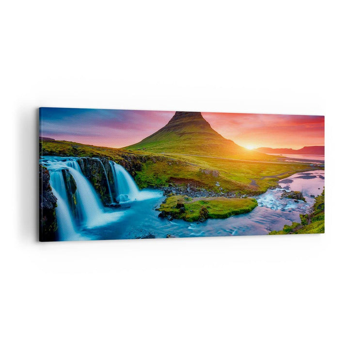 Wandbilder Dekoration Wohnzimmer Sonnenuntergang Wasserfall Island Vulkan Bilder auf Leinwand 120x50