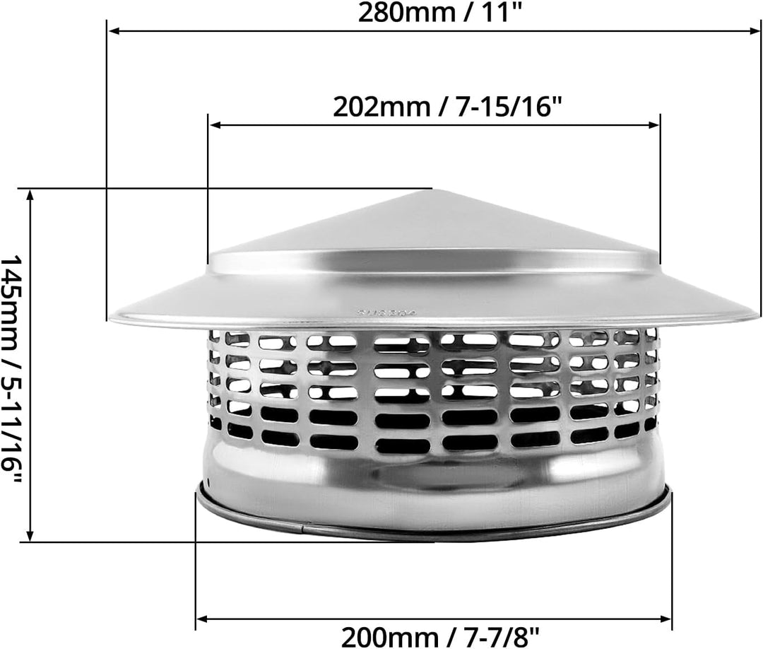 QWORK® 200 MM Regenhaube aus Edelstahl 304, Kaminhaube, Runder Regenhut, Schornsteinabdeckung Ø200,