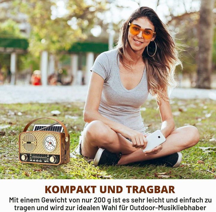 Solar Retro Radio AM/FM/SW, Retro Radio Mit Bluetooth, Vintage Kofferradio Mit Stromkabel, Wiederauf
