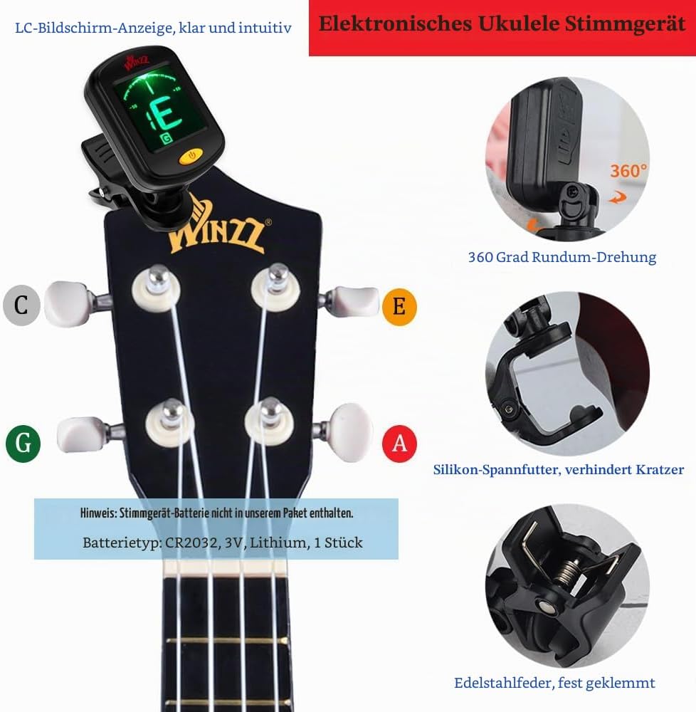 Winzz Sopran Ukulele Starter Kit für Anfänger mit Tasche, Clip-On Tuner, Zusätzlichen Saiten, Gurt,