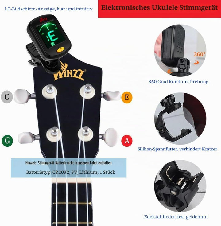 Winzz Sopran Ukulele Starter Kit für Anfänger mit Tasche, Clip-On Tuner, Zusätzlichen Saiten, Gurt,