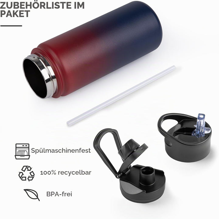 Edelstahl Trinkflasche - 500ml - mit Strohhalm,Auslaufsicher,Kohlensäure Geeignet,BPA frei Thermosfl