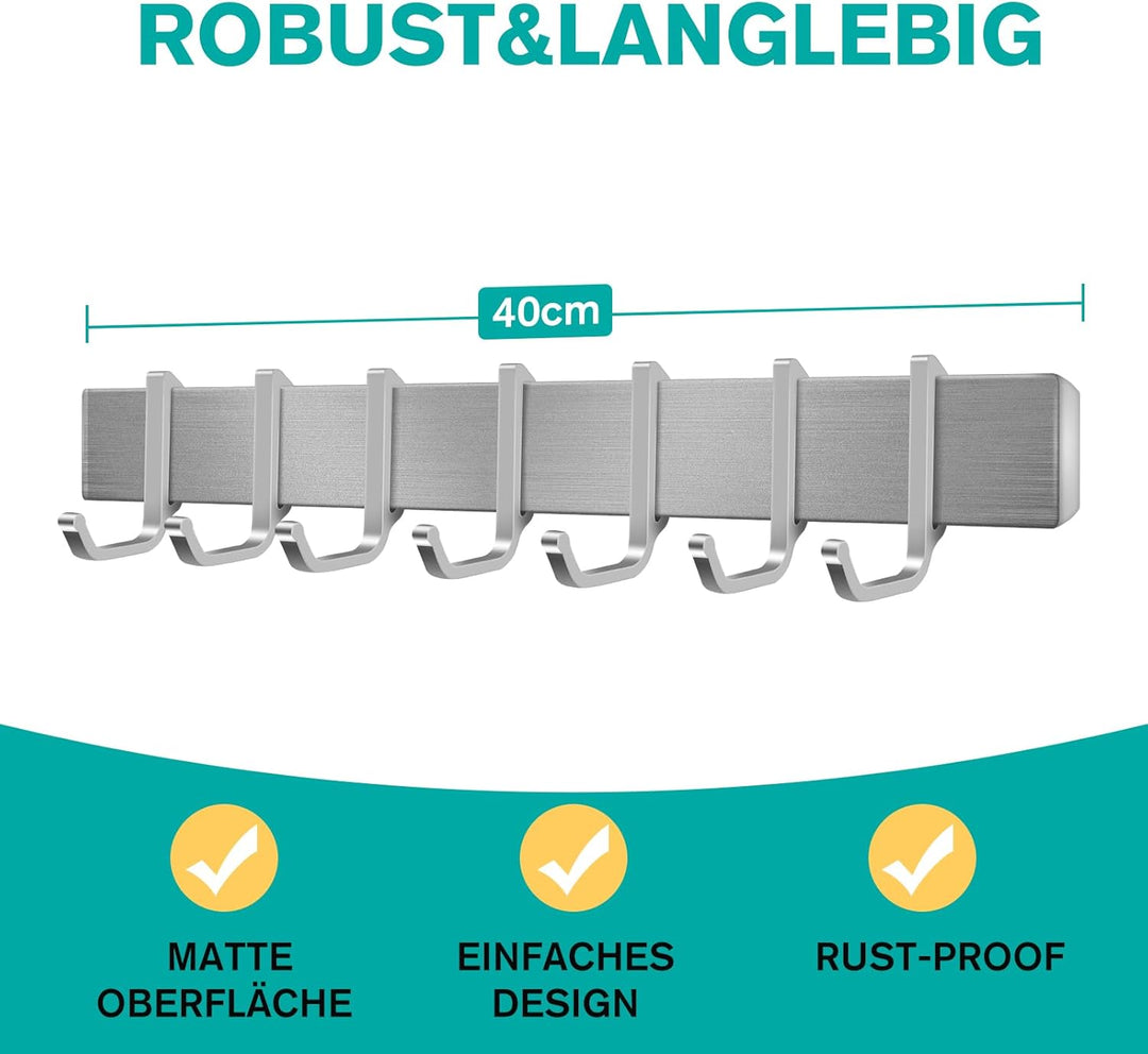 Hakenleiste Küche 40cm, Küchenhalterung ohne Bohren mit 7 abnehmbaren Haken, Aluminium Küche Hakenle