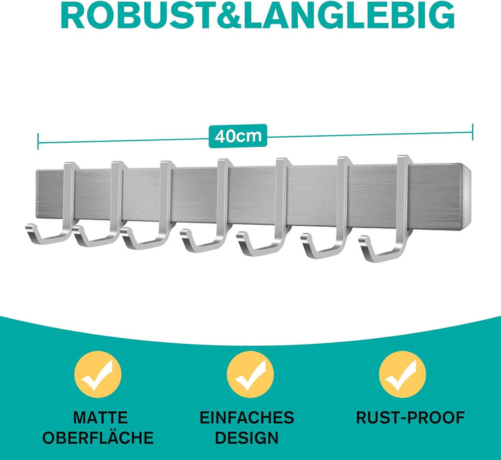 Hakenleiste Küche 40cm, Küchenhalterung ohne Bohren mit 7 abnehmbaren Haken, Aluminium Küche Hakenle