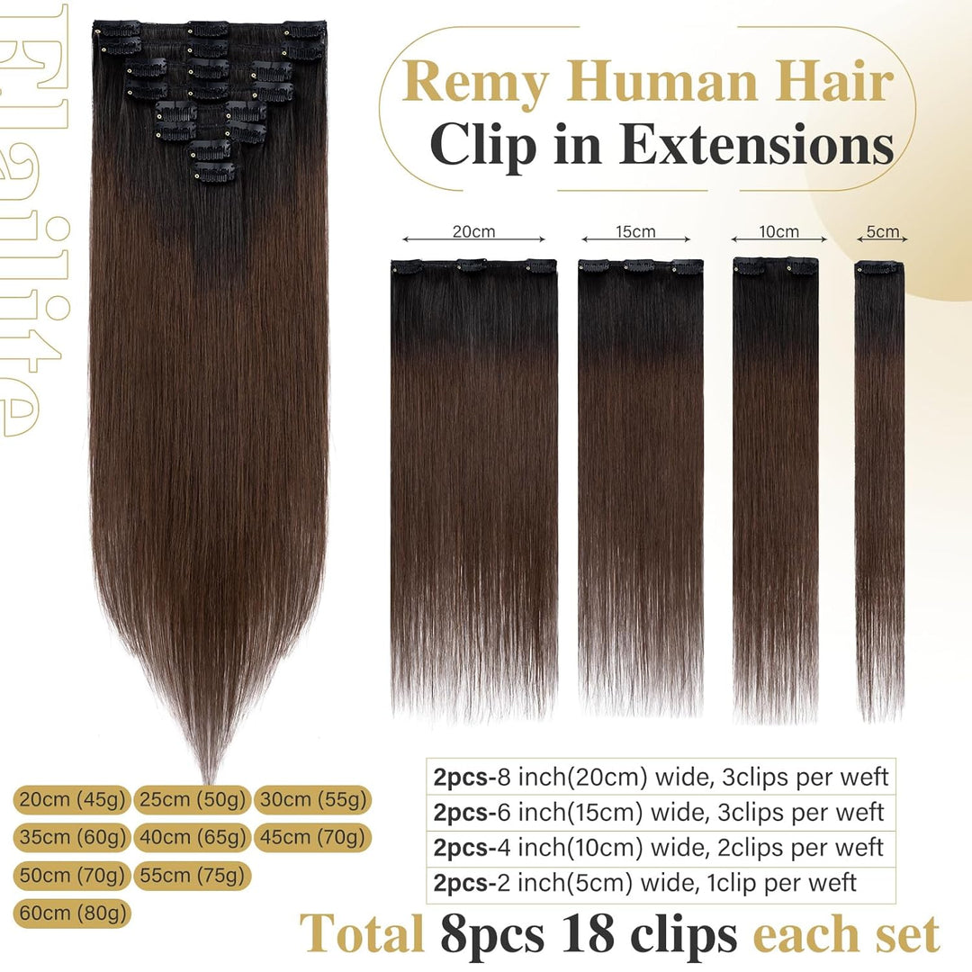 Elailite Extensions Echthaar Clip in 8 Tressen Glatt #1BT4 Naturschwarz ombre Mittelbraun, Haarverlä