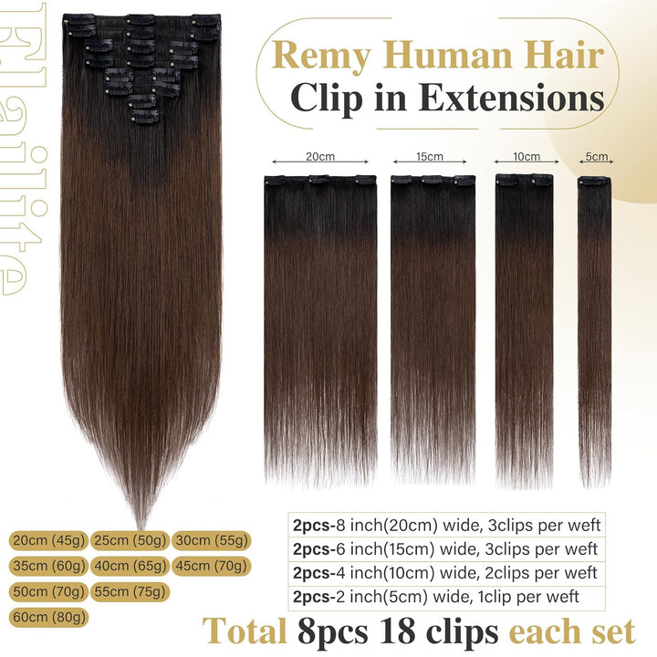 Elailite Extensions Echthaar Clip in 8 Tressen Glatt #1BT4 Naturschwarz ombre Mittelbraun, Haarverlä