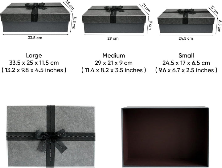 Emartbuy Set mit 3 starren Geschenkboxen, dunkelgraue Box mit dunkelgrauem Deckel, innen braun und d