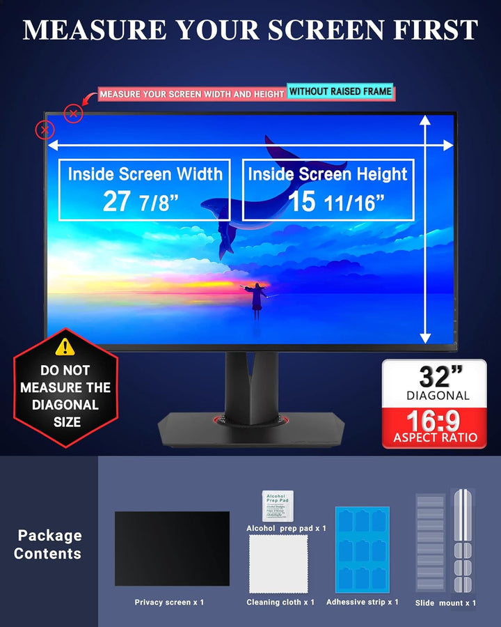 PYS 81,3 cm (32 Zoll) Sichtschutz für 16:9 Breitbild-Computer-Monitor – leicht abnehmbarer Display-F