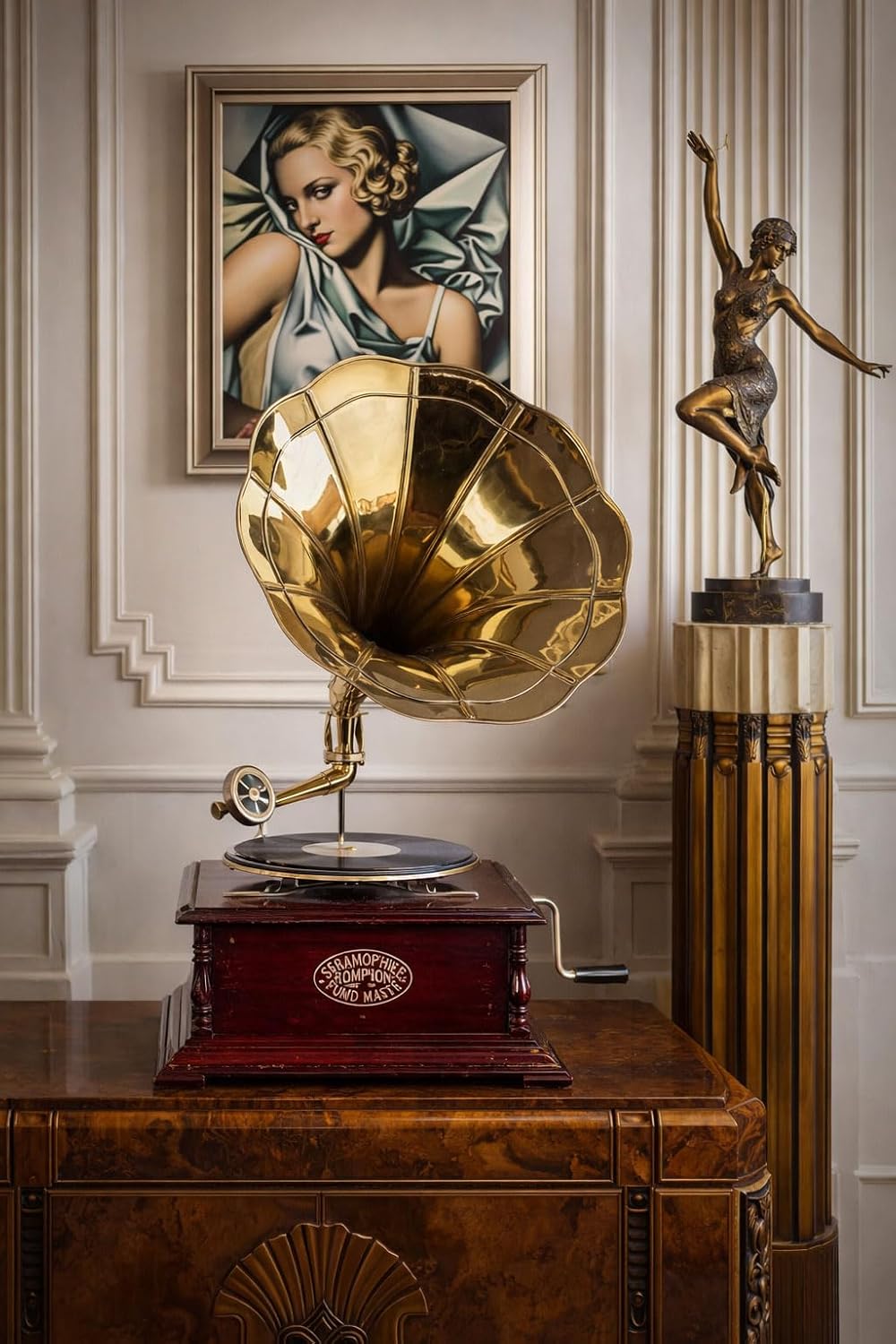 Trichter Grammophon „His Masters Voice“ – Vintage Musikgerät im Stil der 20er aus Holz & Messing, vo