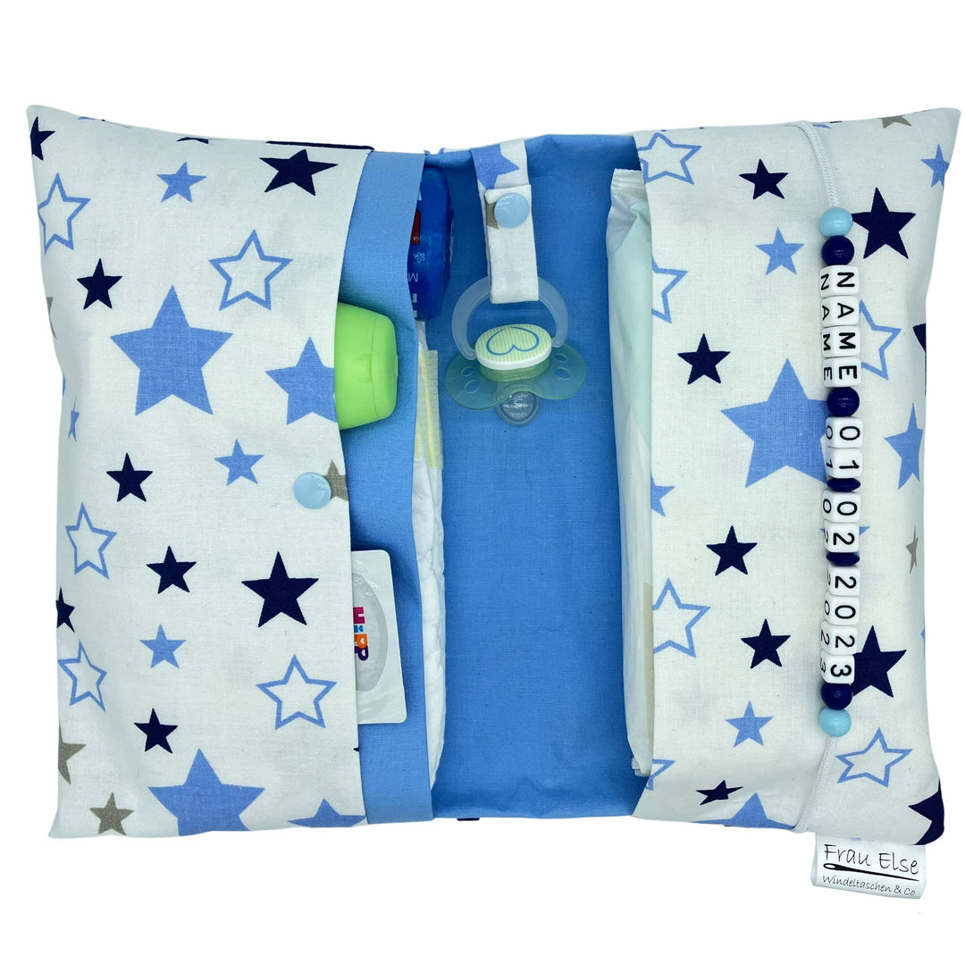 Grosse Windeltasche XXL mit Name personalisiert Wickeltasche - Sterne weiss blau - für Jungen