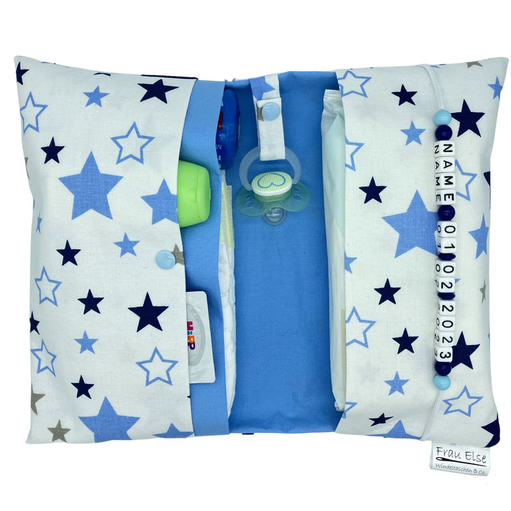 Grosse Windeltasche XXL mit Name personalisiert Wickeltasche - Sterne weiss blau - für Jungen
