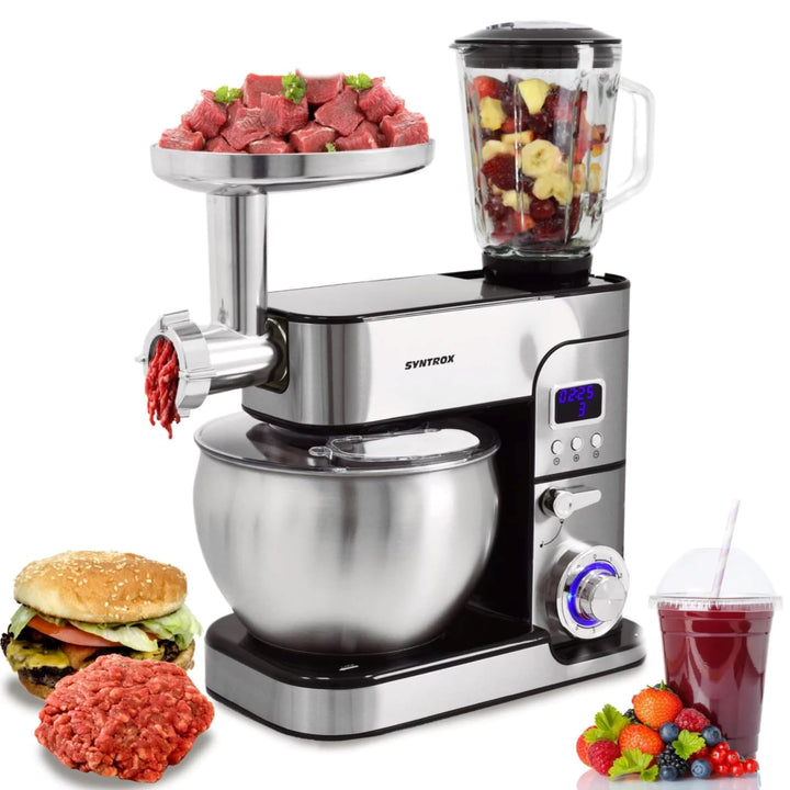 Syntrox Küchenmaschine Schwarz, Edelstahl 7 Liter Küchengerät & Fleischwolf, Zubehör für Teig und Cr