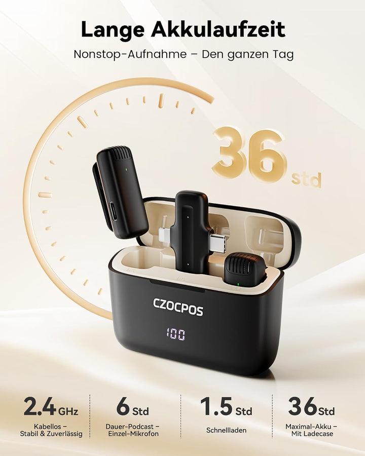 CZOCPOS Kabelloses Lavalier Mikrofon Wireless für iPhone/iPad/Android mit Ladebox, Geräuschunterdrüc