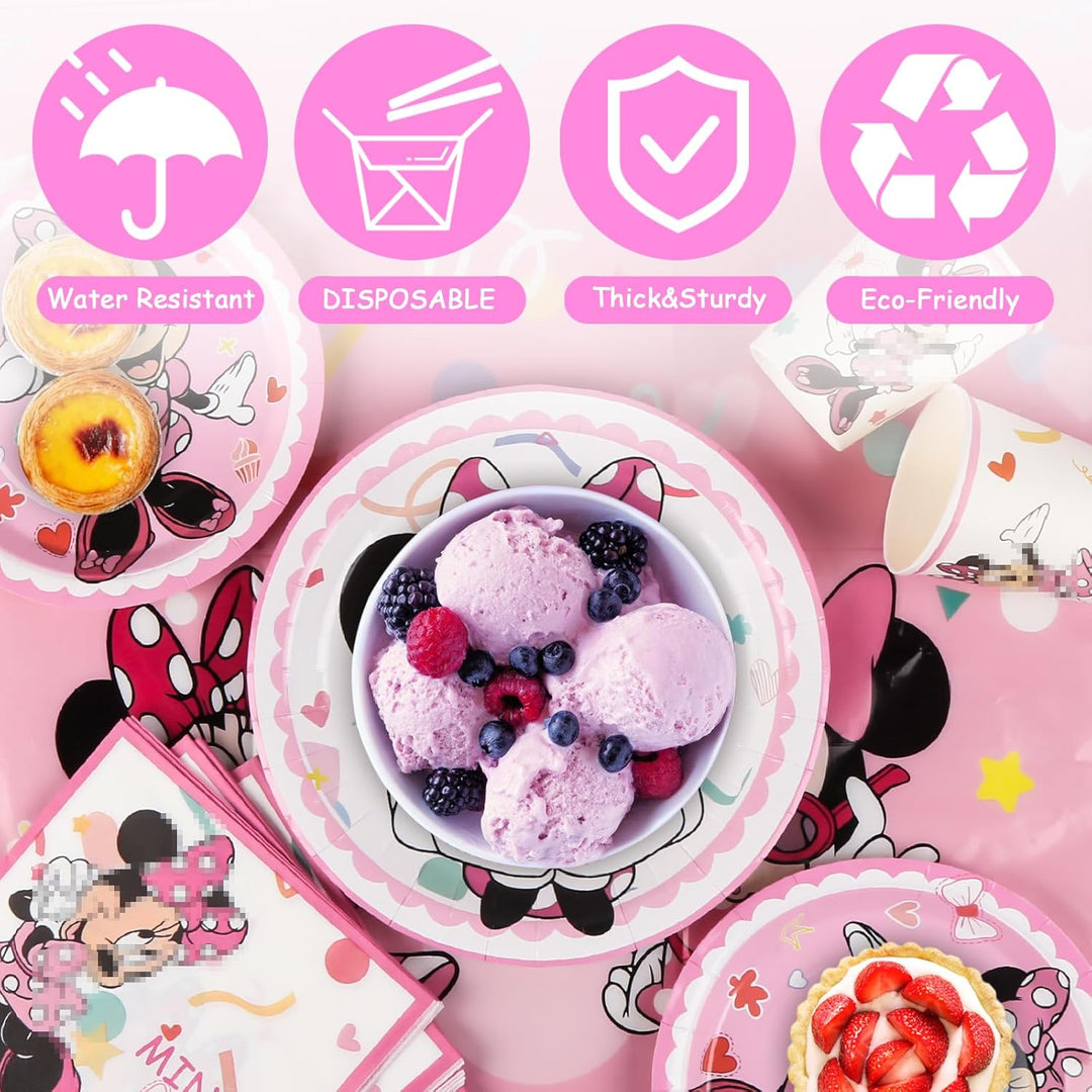 Pappteller Kindergeburtstag Geschirr Party Deko Mädchen-52PCS Rosa Mini Mouse Pappteller Tischdecke