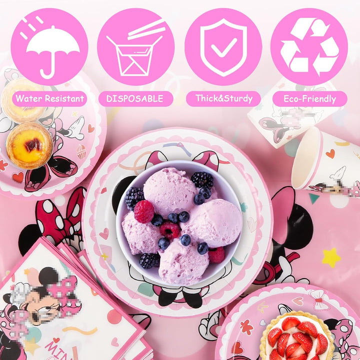 Pappteller Kindergeburtstag Geschirr Party Deko Mädchen-52PCS Rosa Mini Mouse Pappteller Tischdecke