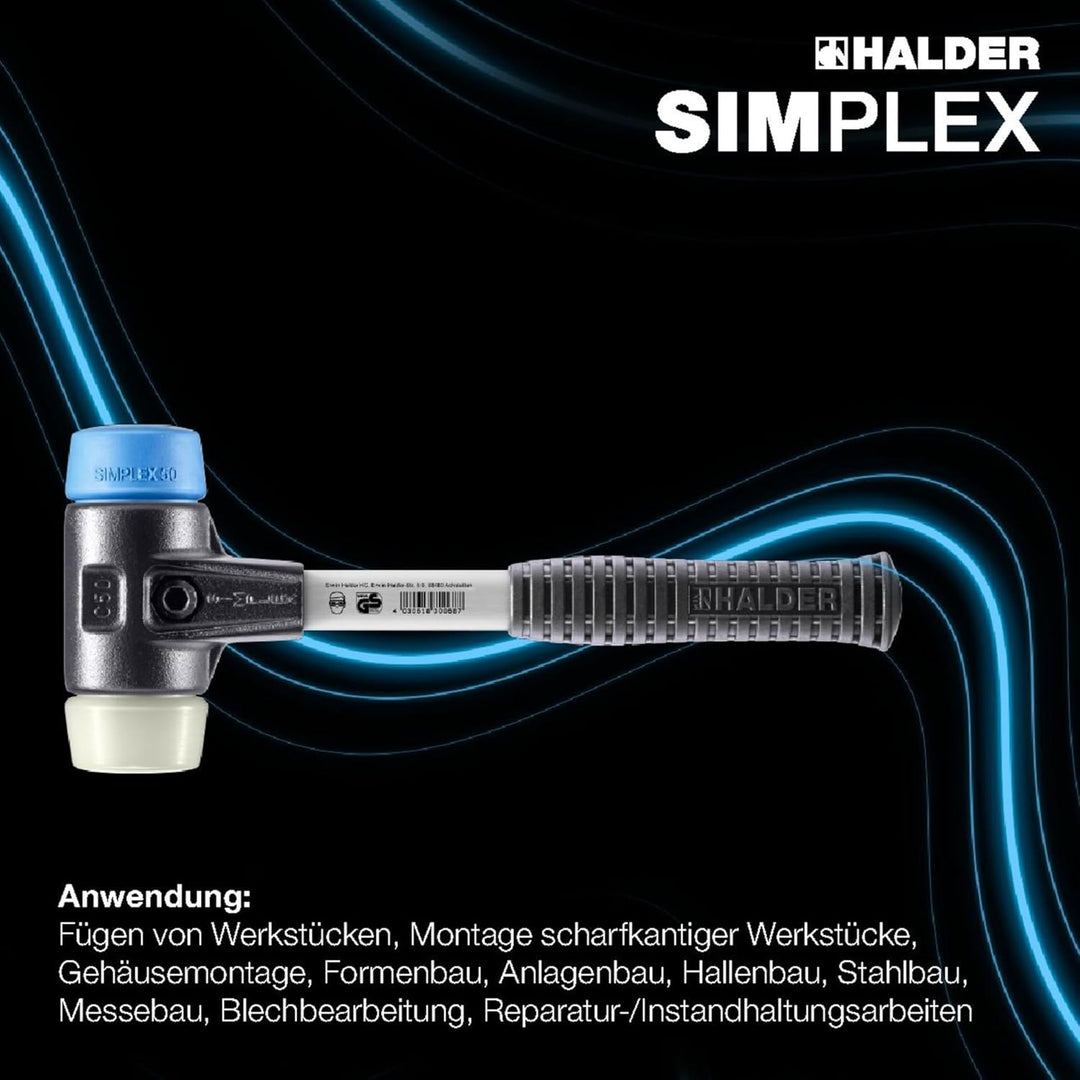 SIMPLEX-Schonhammer, TPE-soft/Nylon; mit verstärktem Tempergussgehäuse und Fiberglasstiel | D=60 mm